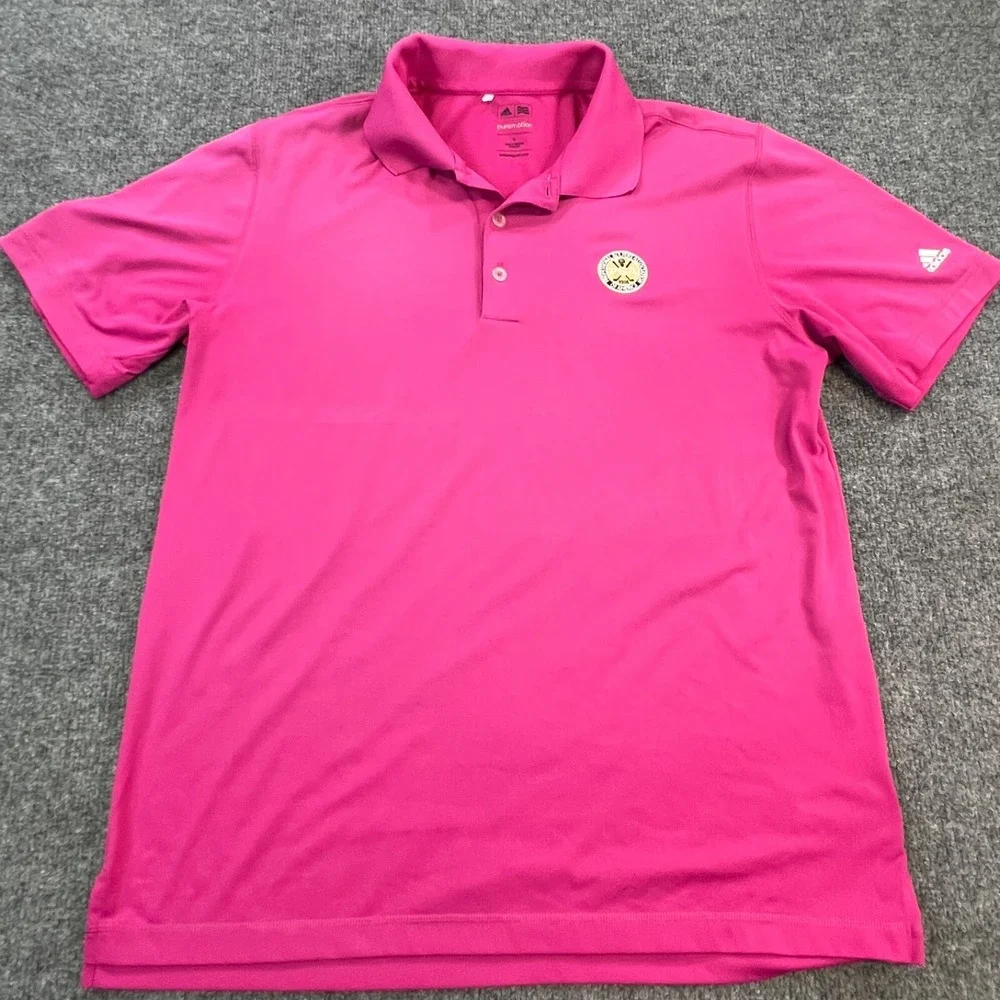 adidas Polo Shirt Men Large Pink Solid Golf PGA Golfers South Florida Puremotion